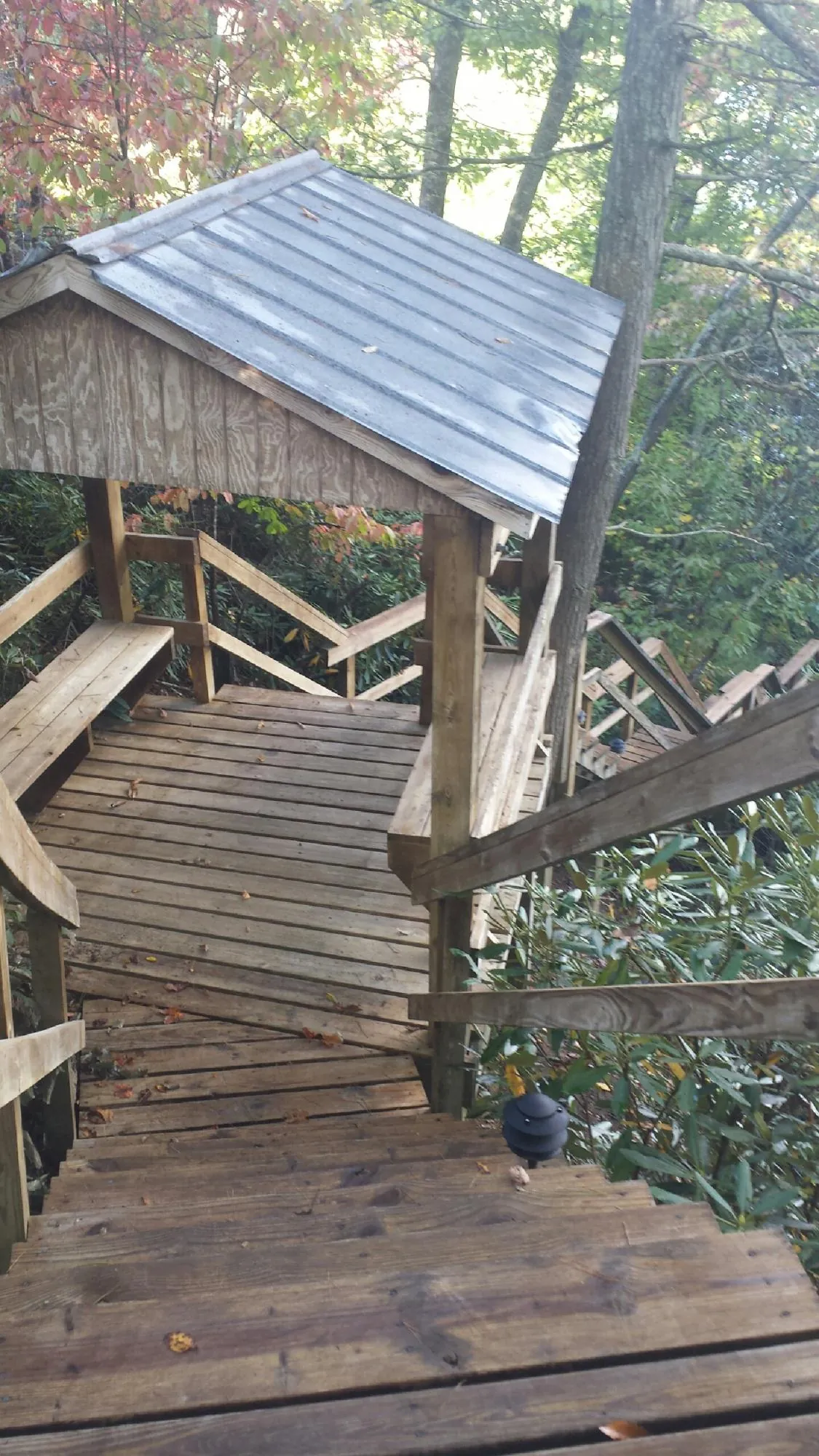 Metal roofed shelter over wooden steps on a wooded walkway — Skylight Repair & Installation work by our crew in Allendale